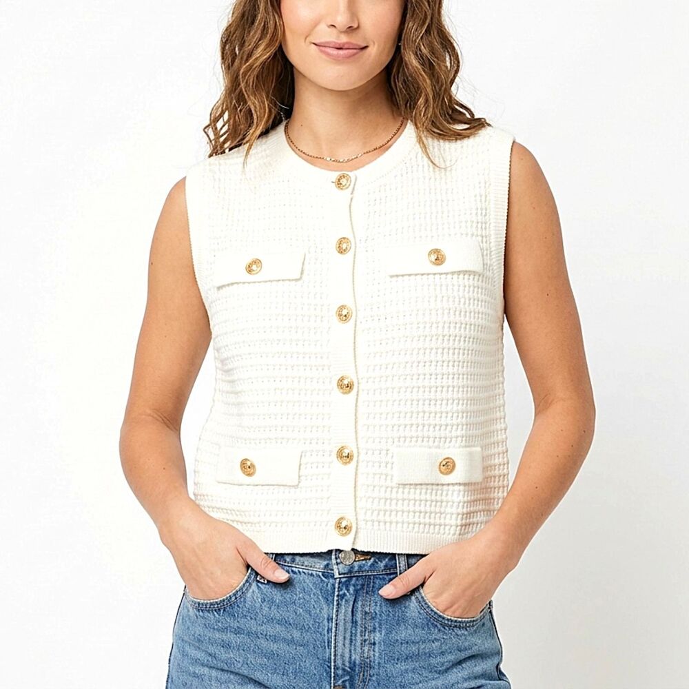 BLANKNYC Sweater Vest Sleeveless Knit Textured Cream/White Women Size Large NWT